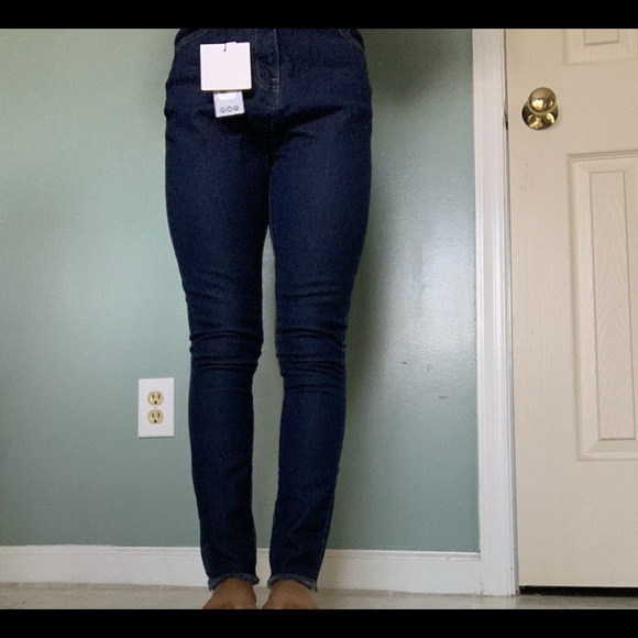 Boohoo Dark Blue High Waist Frayed Hem Skinny Jean - Picture 4 of 5